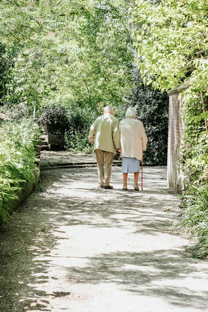 Pareja mayor caminando al aire libre